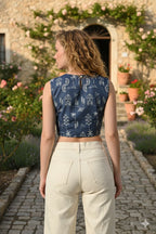 Myshka Women Blue Cotton Embroidered Sleeveless Top