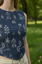 Myshka Women Blue Cotton Embroidered Sleeveless Top