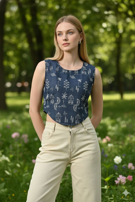 Myshka Women Blue Cotton Embroidered Sleeveless Top