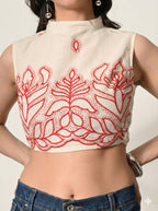 Myshka Women Off White Thread Embroidered Halter Neck Saree Blouse