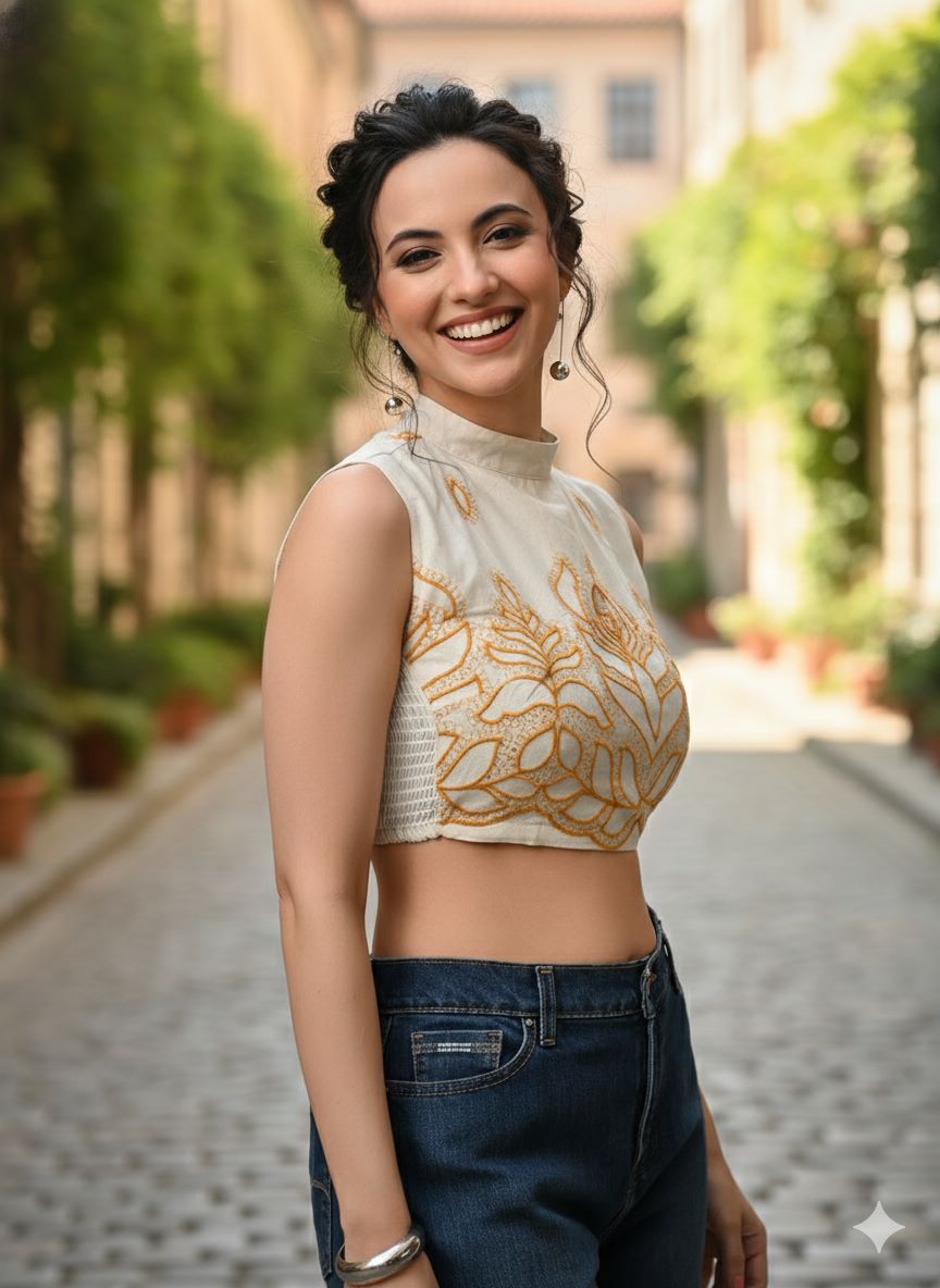 Myshka Women Off White Thread Embroidered Halter Neck Saree Blouse - Distacart