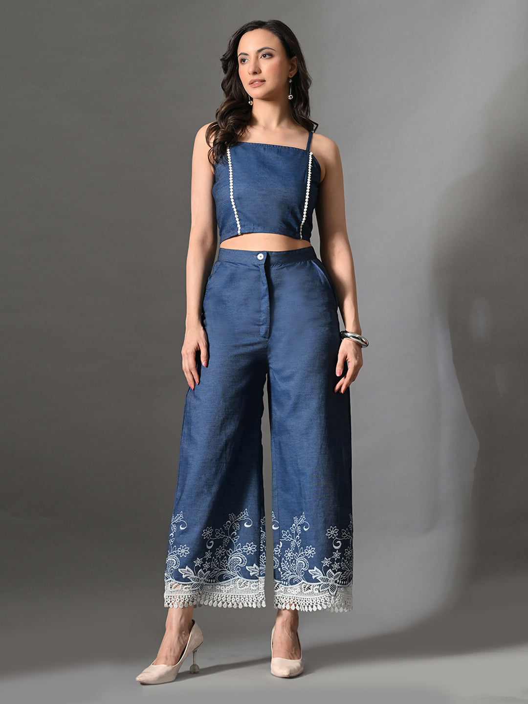 Myshka Women Blue Embellished Crop Top and Laced Trouser Co-ord Set