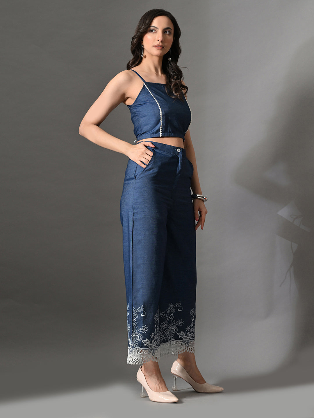 Myshka Women Blue Embellished Crop Top and Laced Trouser Co-ord Set