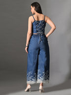 Myshka Women Blue Embellished Crop Top and Laced Trouser Co-ord Set