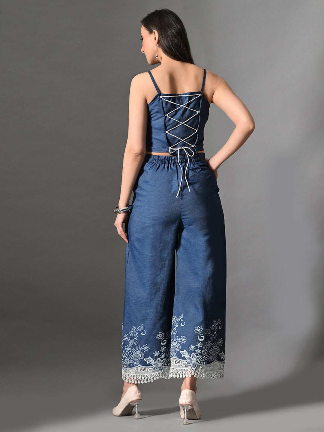 Myshka Women Blue Embellished Crop Top and Laced Trouser Co-ord Set