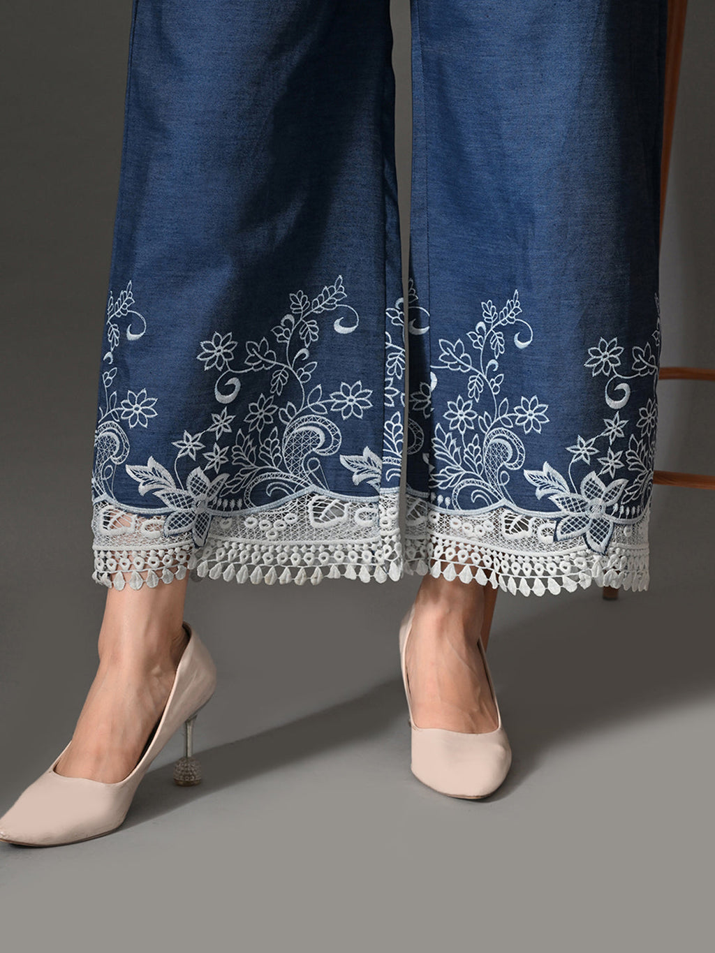 Myshka Women Blue Embellished Crop Top and Laced Trouser Co-ord Set