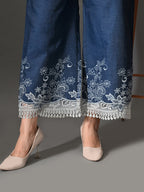 Myshka Women Blue Embellished Crop Top and Laced Trouser Co-ord Set