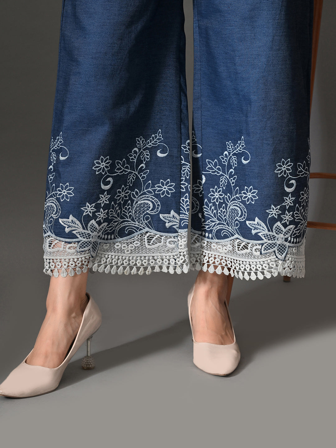 Myshka Women Blue Embellished Crop Top and Laced Trouser Co-ord Set