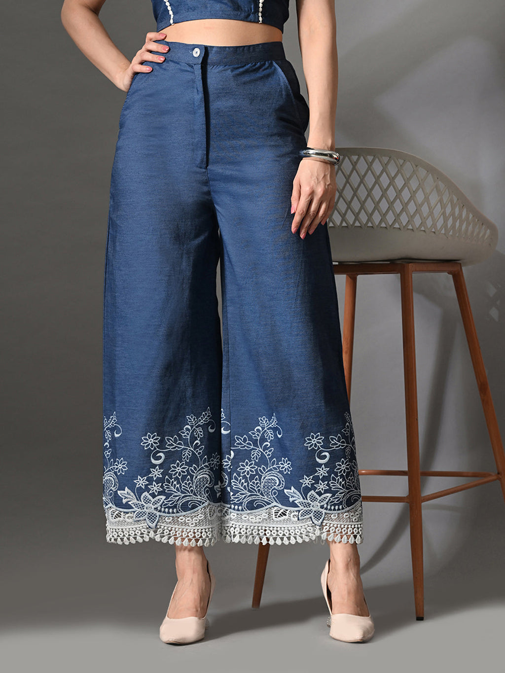 Myshka Women Blue Embellished Crop Top and Laced Trouser Co-ord Set
