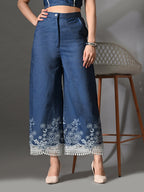 Myshka Women Blue Embellished Crop Top and Laced Trouser Co-ord Set