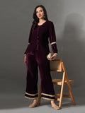 Myshka Women Wine Velvet Shirt Embroidered Full Sleeves with Flared Trouser Co-ord Set - Distacart