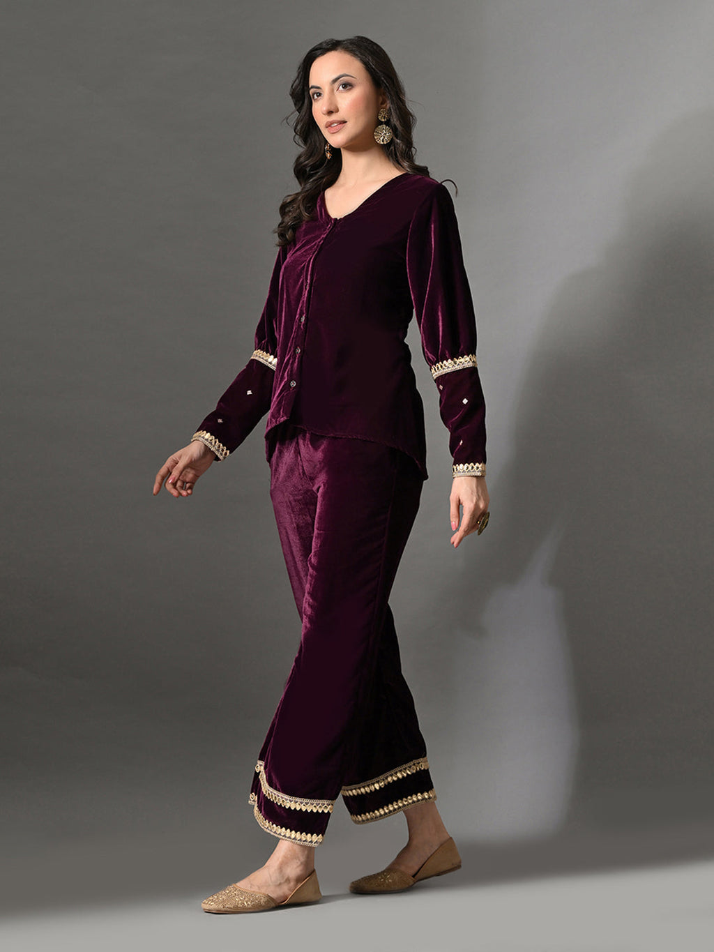Myshka Women Wine Velvet Shirt Embroidered Full Sleeves with Flared Trouser Co-ord Set - Distacart