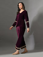 Myshka Women Wine Velvet Shirt Embroidered Full Sleeves with Flared Trouser Co-ord Set - Distacart