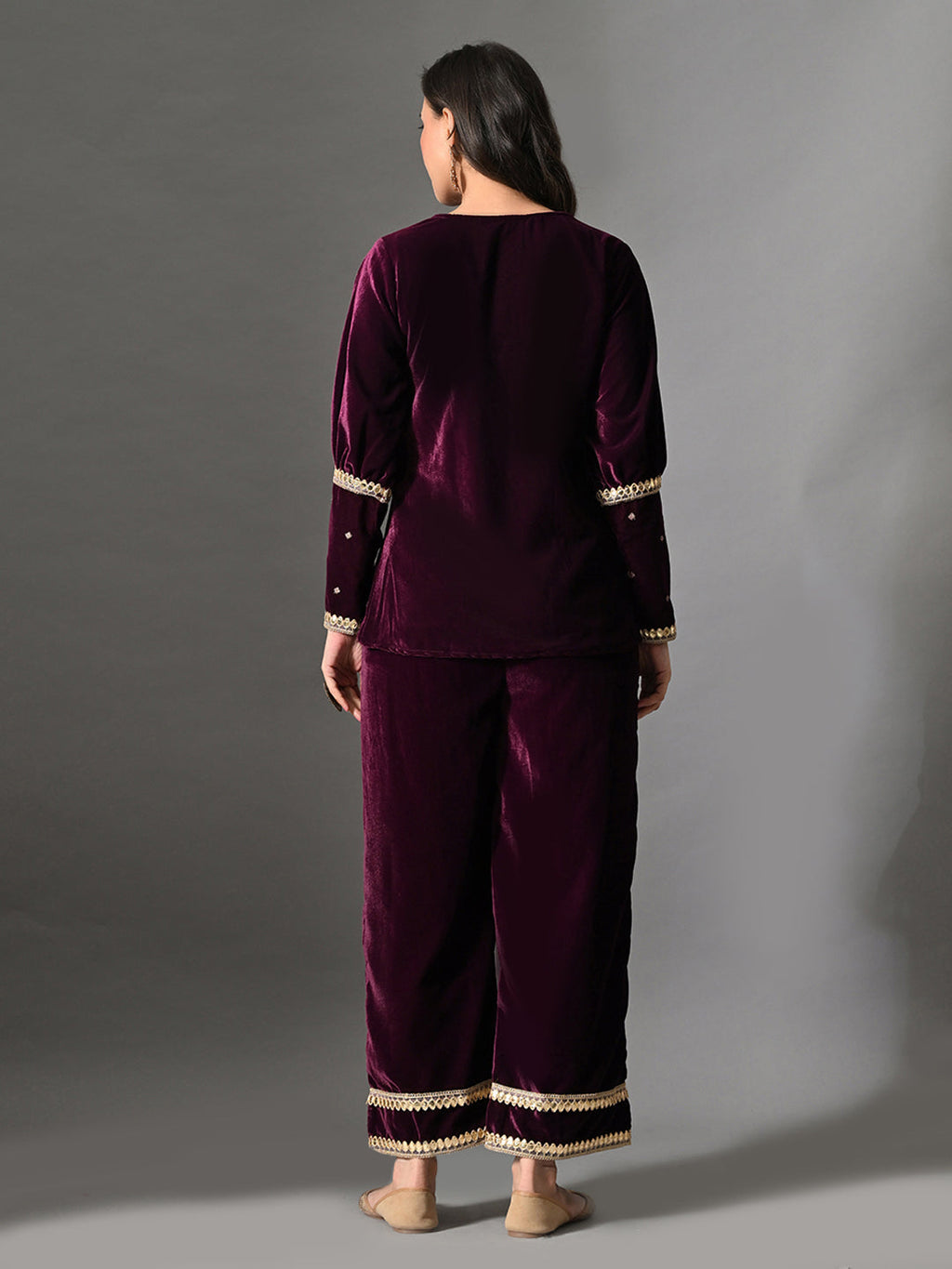 Myshka Women Wine Velvet Shirt Embroidered Full Sleeves with Flared Trouser Co-ord Set - Distacart
