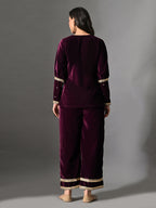 Myshka Women Wine Velvet Shirt Embroidered Full Sleeves with Flared Trouser Co-ord Set - Distacart