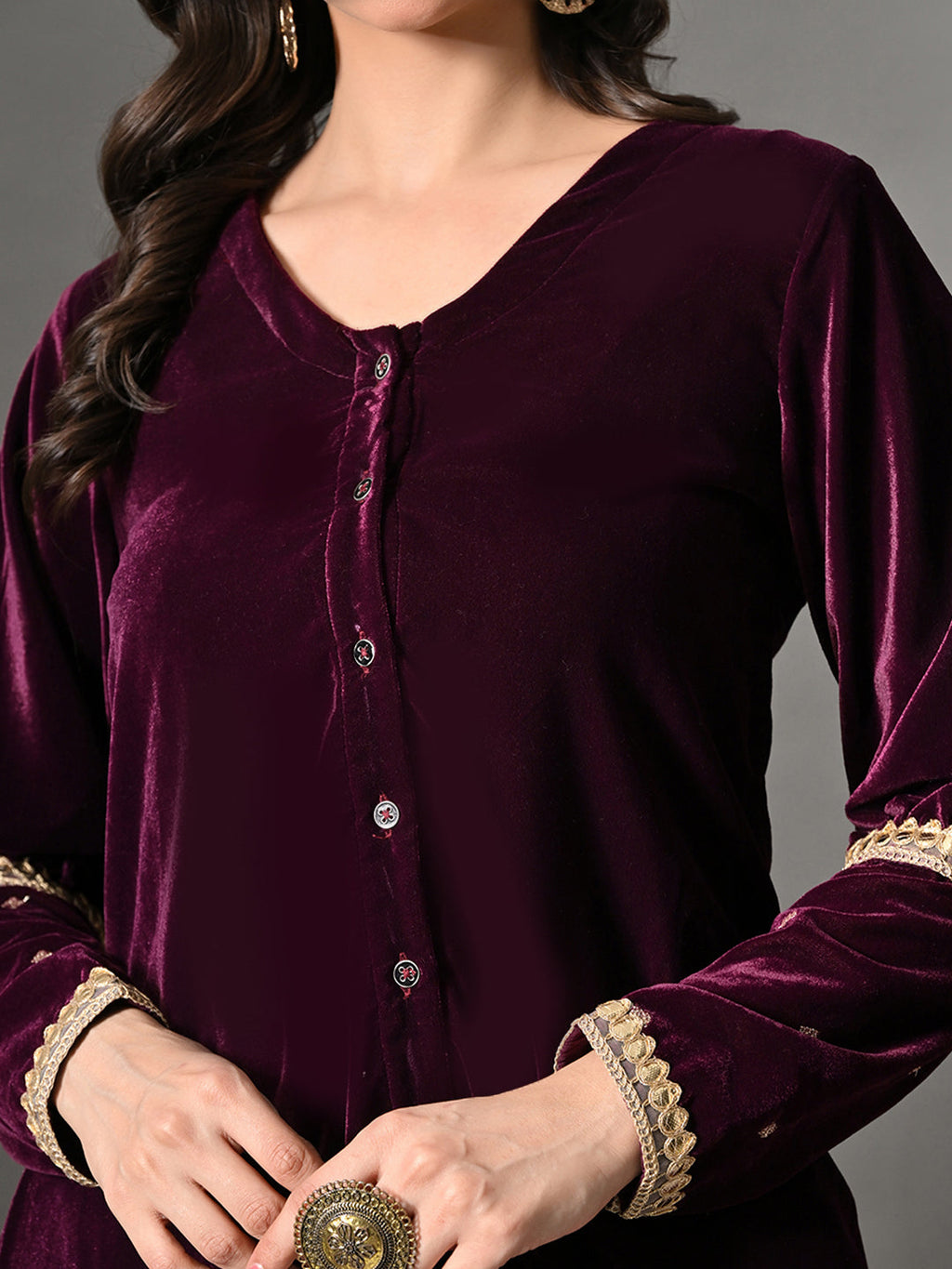 Myshka Women Wine Velvet Shirt Embroidered Full Sleeves with Flared Trouser Co-ord Set - Distacart