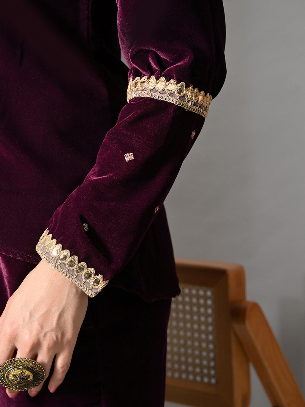 Myshka Women Wine Velvet Shirt Embroidered Full Sleeves with Flared Trouser Co-ord Set - Distacart