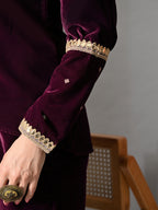 Myshka Women Wine Velvet Shirt Embroidered Full Sleeves with Flared Trouser Co-ord Set - Distacart