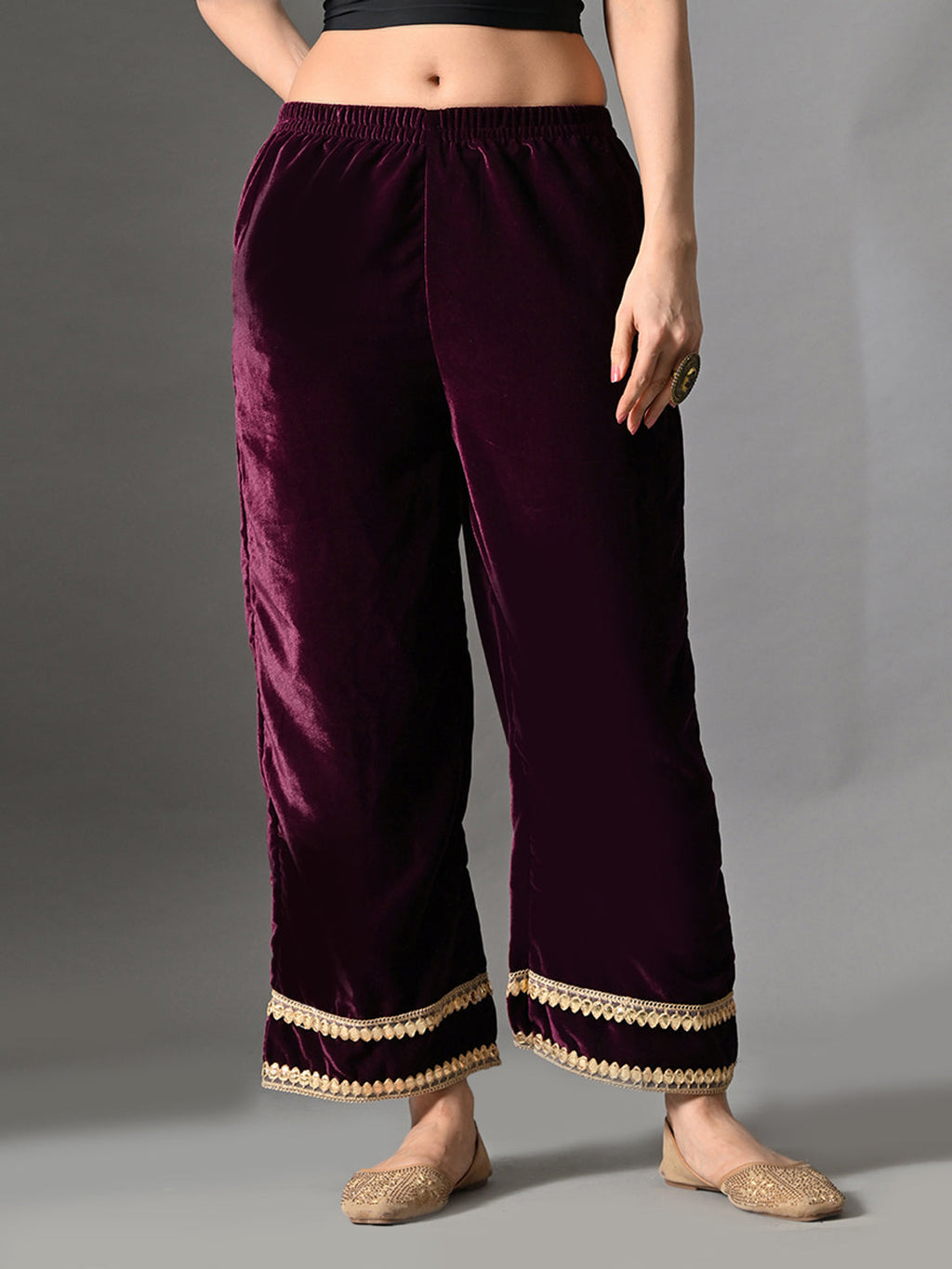 Myshka Women Wine Velvet Shirt Embroidered Full Sleeves with Flared Trouser Co-ord Set - Distacart