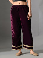 Myshka Women Wine Velvet Shirt Embroidered Full Sleeves with Flared Trouser Co-ord Set - Distacart