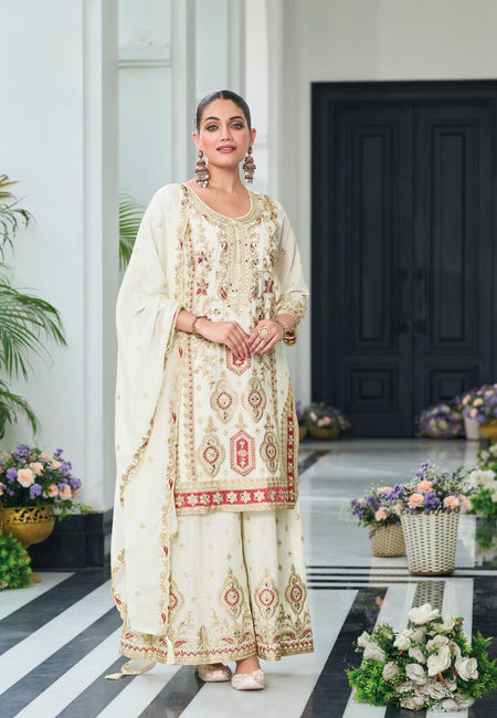 Anaita Off White Heavy Chinon With Embroidery Readymade Sharara Suit