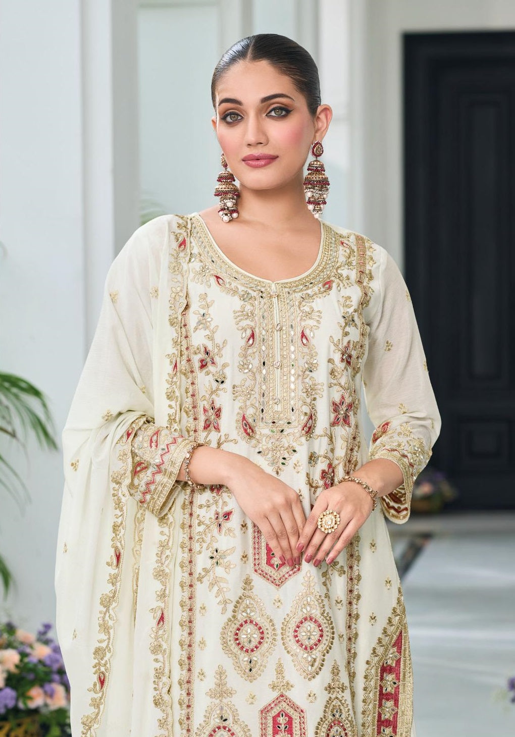 Anaita Off White Heavy Chinon With Embroidery Readymade Sharara Suit - Distacart