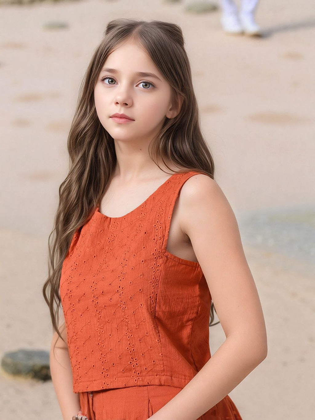Myshka Girls Rust Pure Cotton Sleeveless Schiffli Top and Flared Skirt