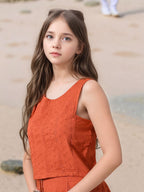 Myshka Girls Rust Pure Cotton Sleeveless Schiffli Top and Flared Skirt
