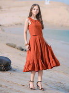 Myshka Girls Rust Pure Cotton Sleeveless Schiffli Top and Flared Skirt