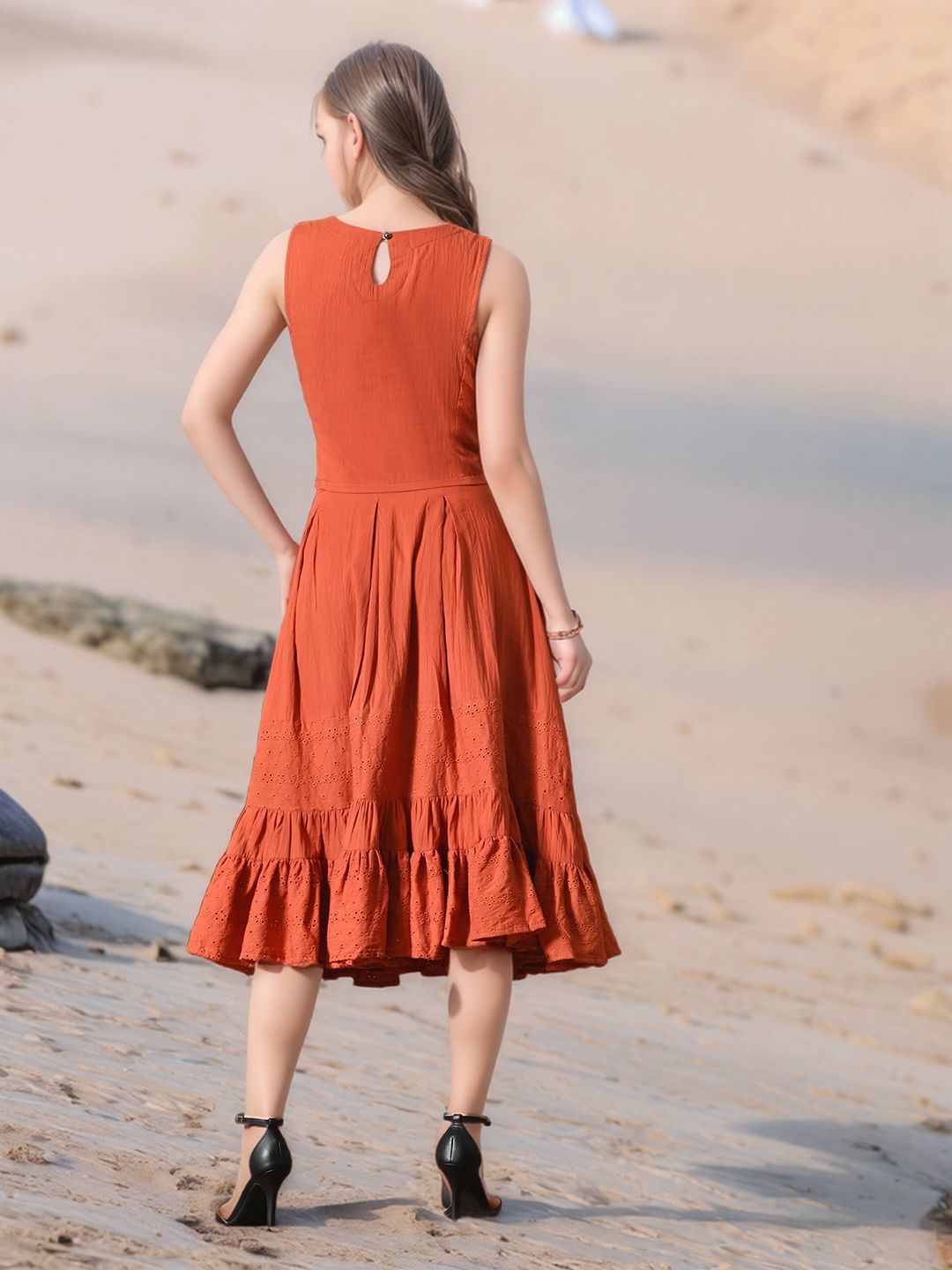 Myshka Girls Rust Pure Cotton Sleeveless Schiffli Top and Flared Skirt