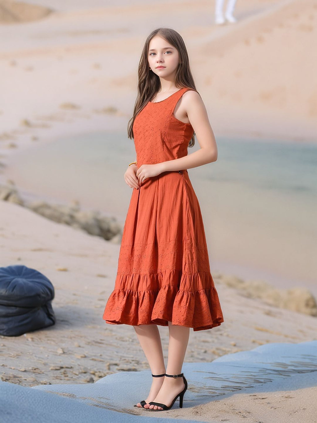 Myshka Girls Rust Pure Cotton Sleeveless Schiffli Top and Flared Skirt