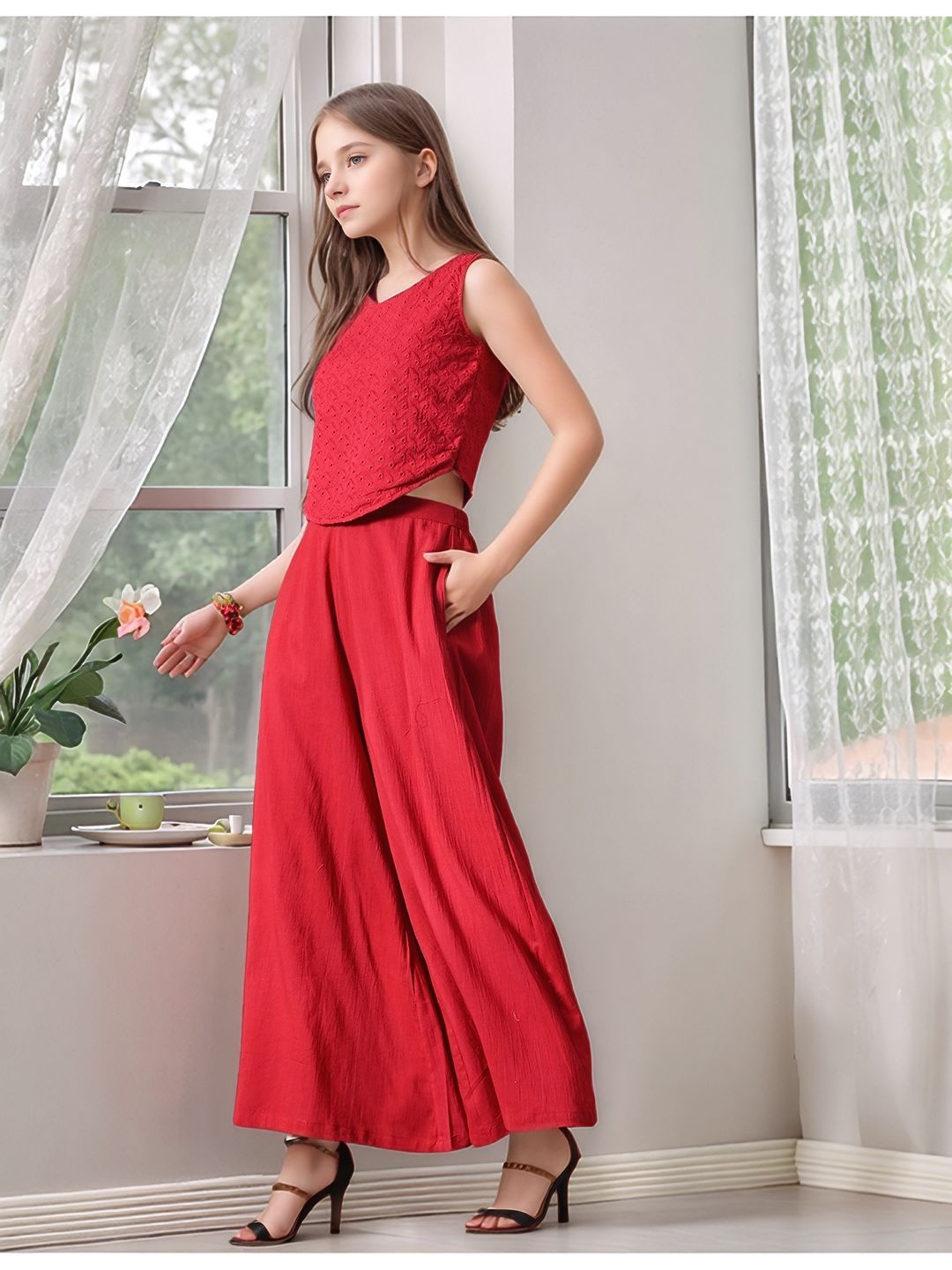 Myshka Girls Maroon Pure Cotton Sleeveless Schiffli Top with Flared Trouser