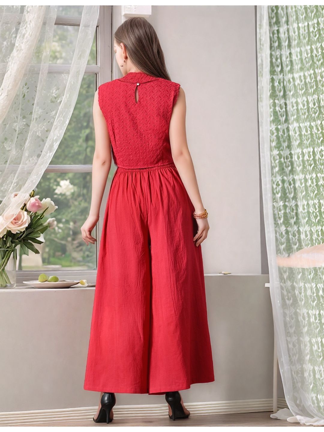 Myshka Girls Maroon Pure Cotton Sleeveless Schiffli Top with Flared Trouser