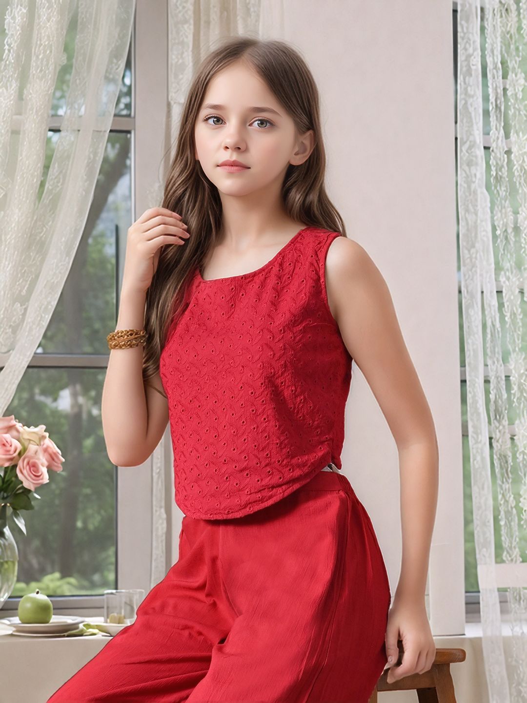 Myshka Girls Maroon Pure Cotton Sleeveless Schiffli Top with Flared Trouser