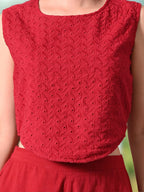 Myshka Girls Maroon Pure Cotton Sleeveless Schiffli Top with Flared Trouser