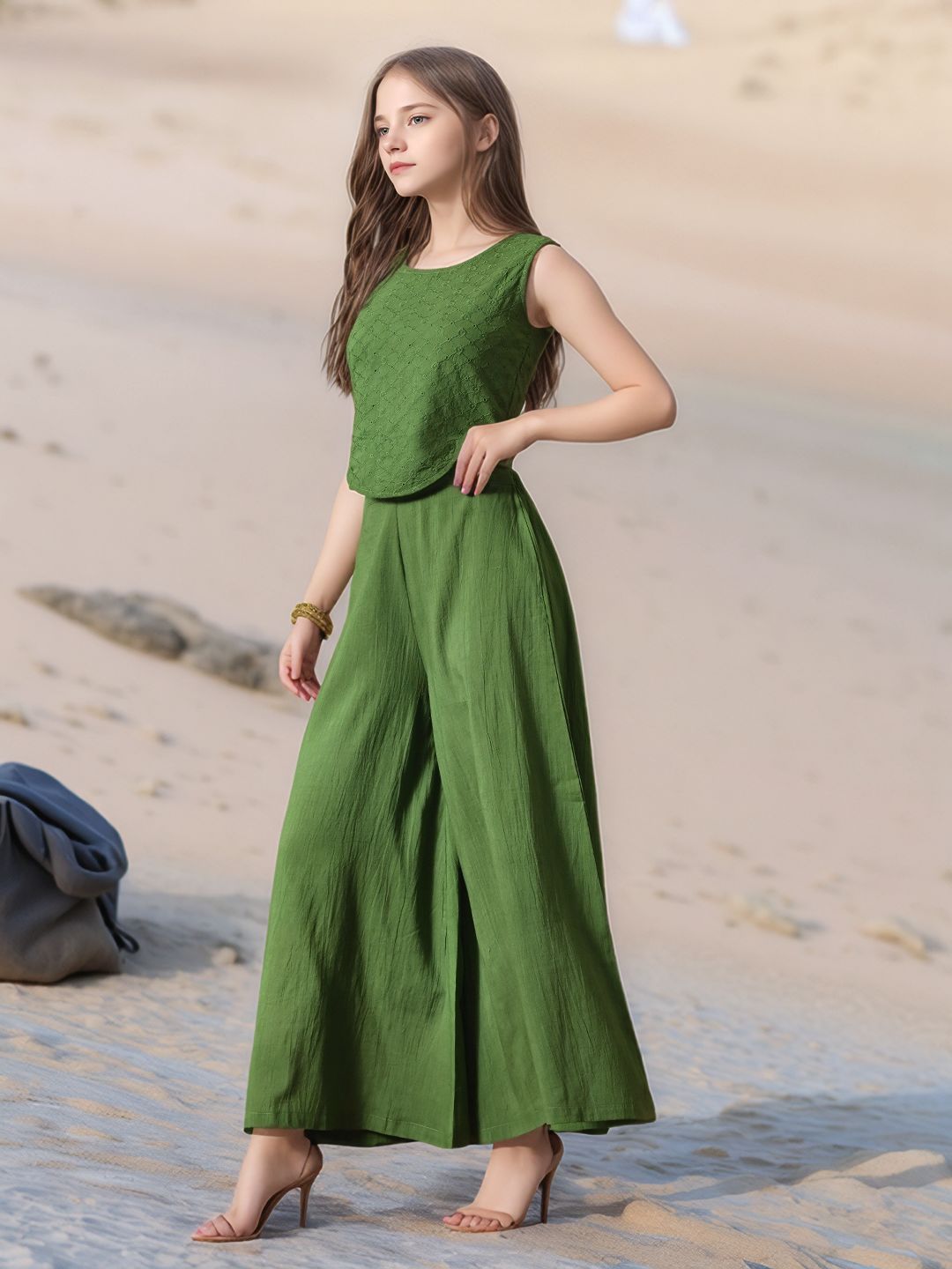 Myshka Girls Green Pure Cotton Sleeveless Schiffli Top with Flared Trouser