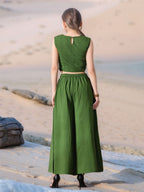 Myshka Girls Green Pure Cotton Sleeveless Schiffli Top with Flared Trouser