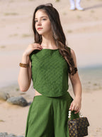Myshka Girls Green Pure Cotton Sleeveless Schiffli Top with Flared Trouser