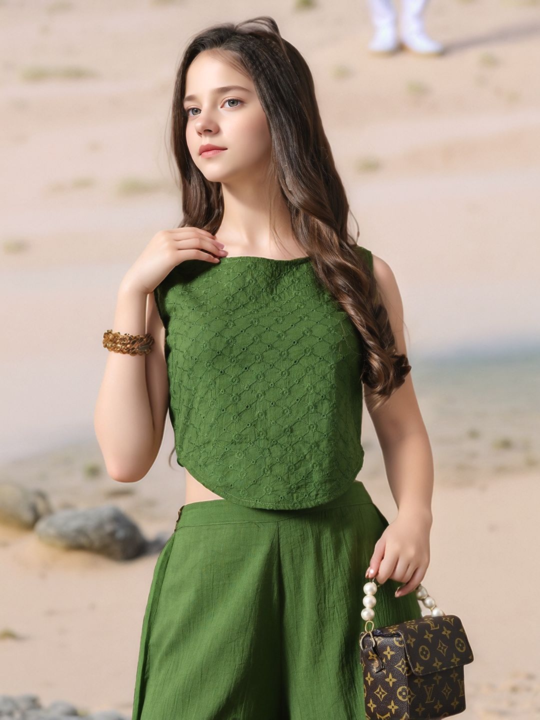 Myshka Girls Green Pure Cotton Sleeveless Schiffli Top with Flared Trouser