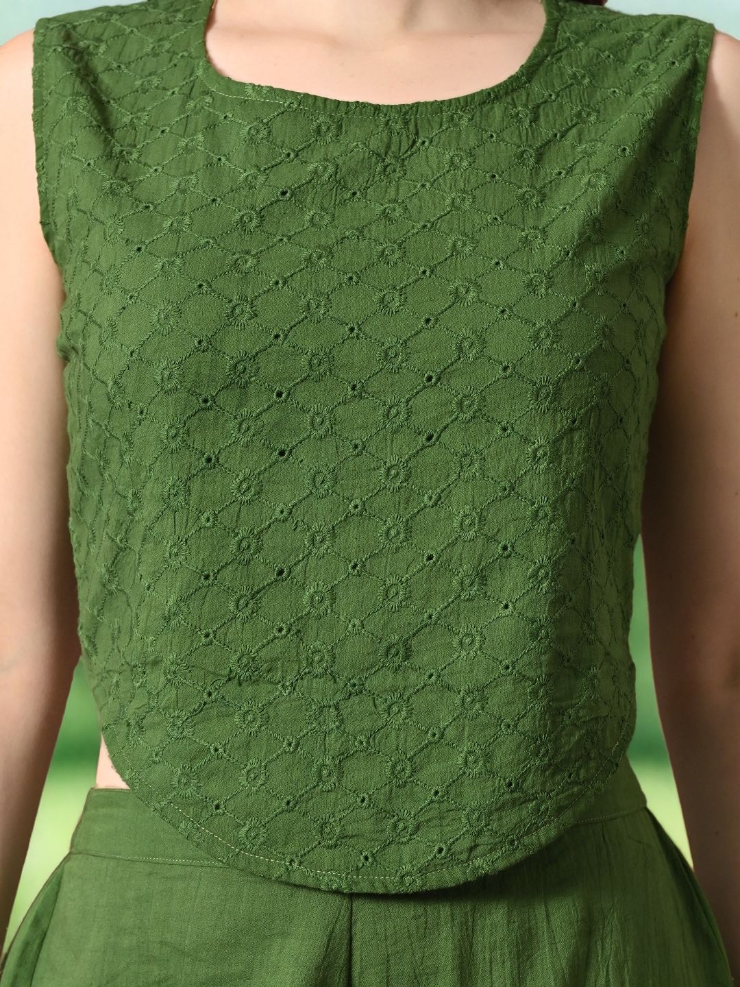 Myshka Girls Green Pure Cotton Sleeveless Schiffli Top with Flared Trouser