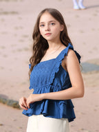 Myshka Girl Blue Pure Cotton Schiffli Flared Sleeves Tiered Top