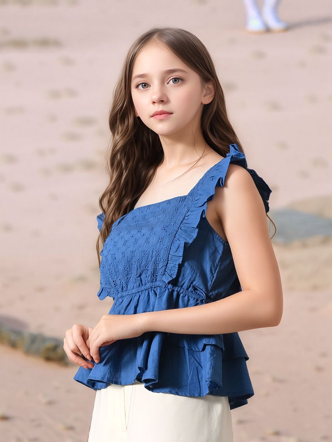 Myshka Girl Blue Pure Cotton Schiffli Flared Sleeves Tiered Top