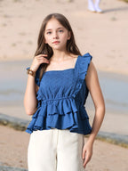 Myshka Girl Blue Pure Cotton Schiffli Flared Sleeves Tiered Top