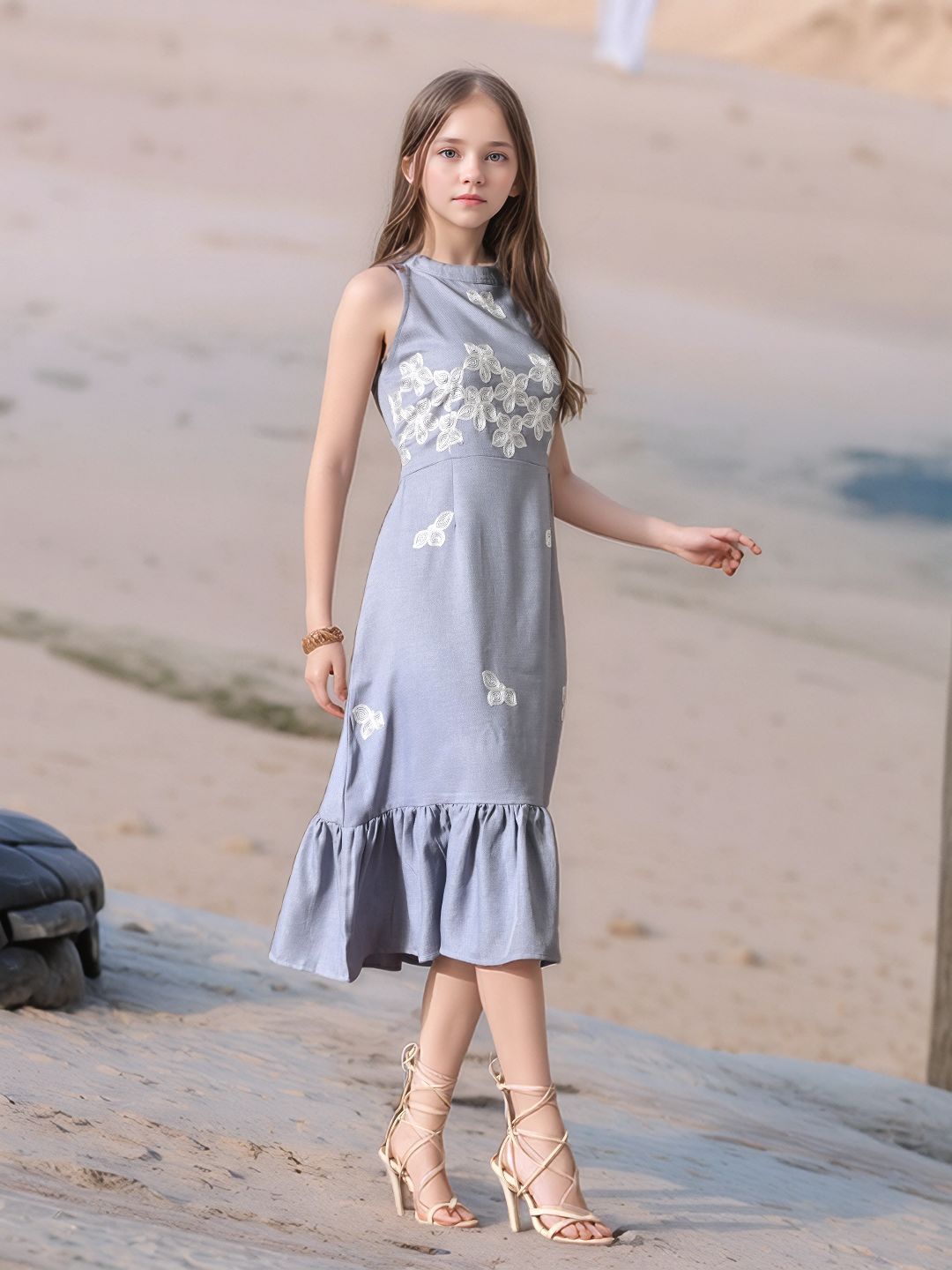 Myshka Girls Linen Cotton Embroidered Maxi Dress