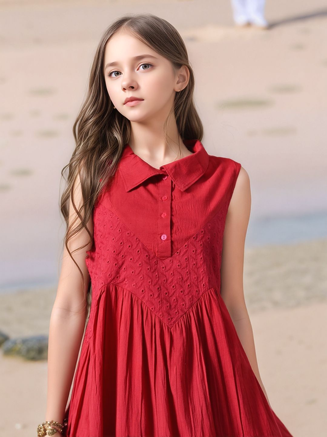 Myshka Girls Pure Cotton Pink Schiffli Midi Dress