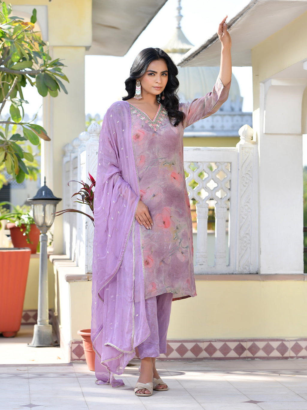 Vaasva Women's Lavender Viscose Tissue Digital Printed Suit Set