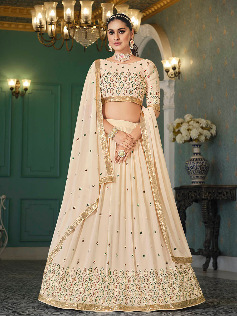 Myra Beige Georgette Embroidered Designer Lehenga