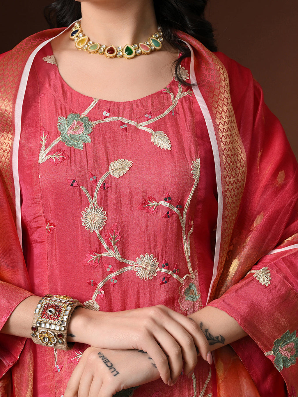Myshka Women Pink Three-Fourth Bell Sleeves Kurta Set with Dupatta