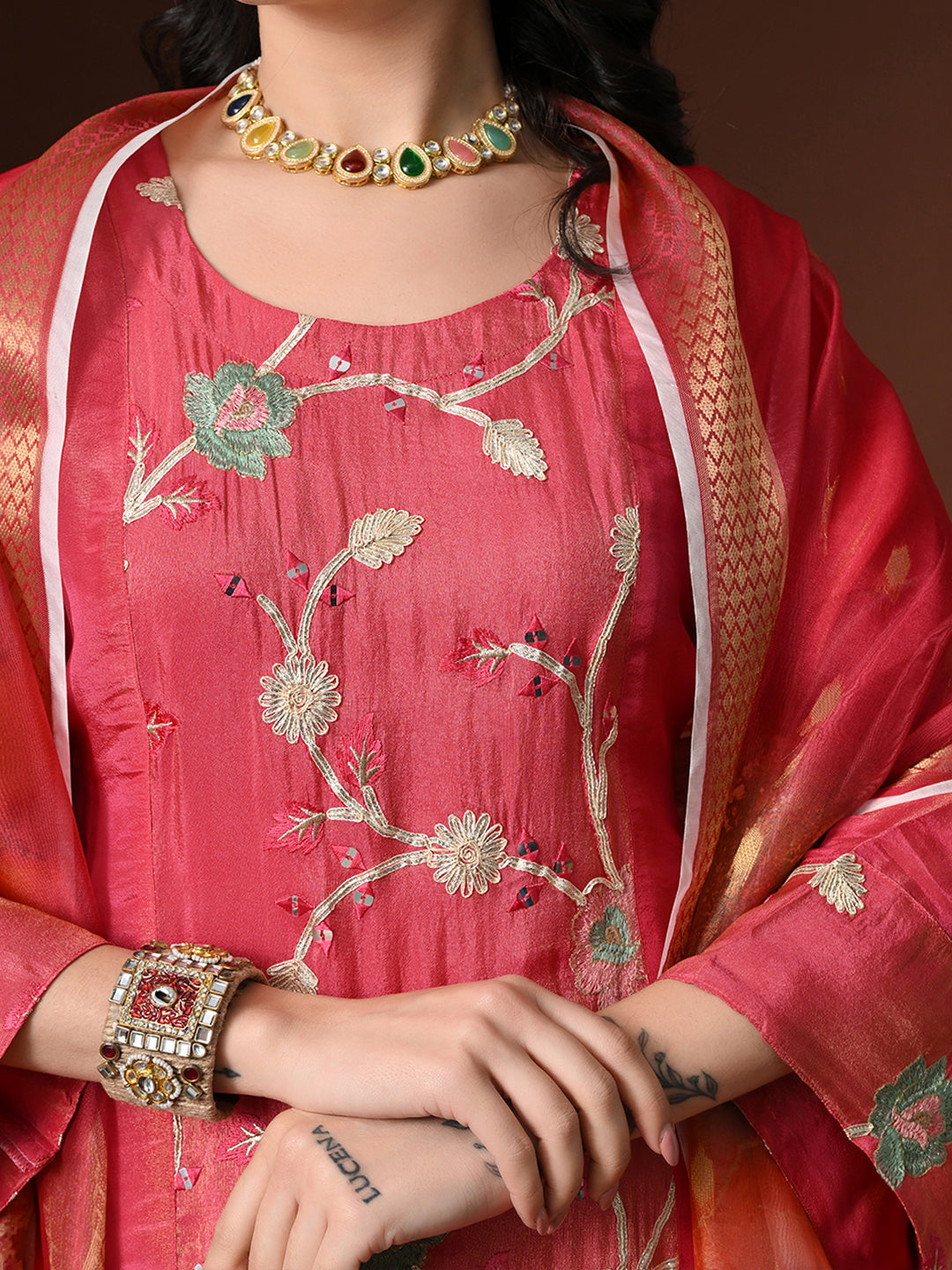 Myshka Women Pink Three-Fourth Bell Sleeves Kurta Set with Dupatta