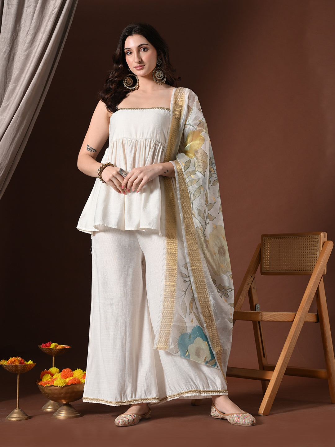 Myshka Women White Longline Sleeveless Kurta with Trouser & Dupatta - Distacart